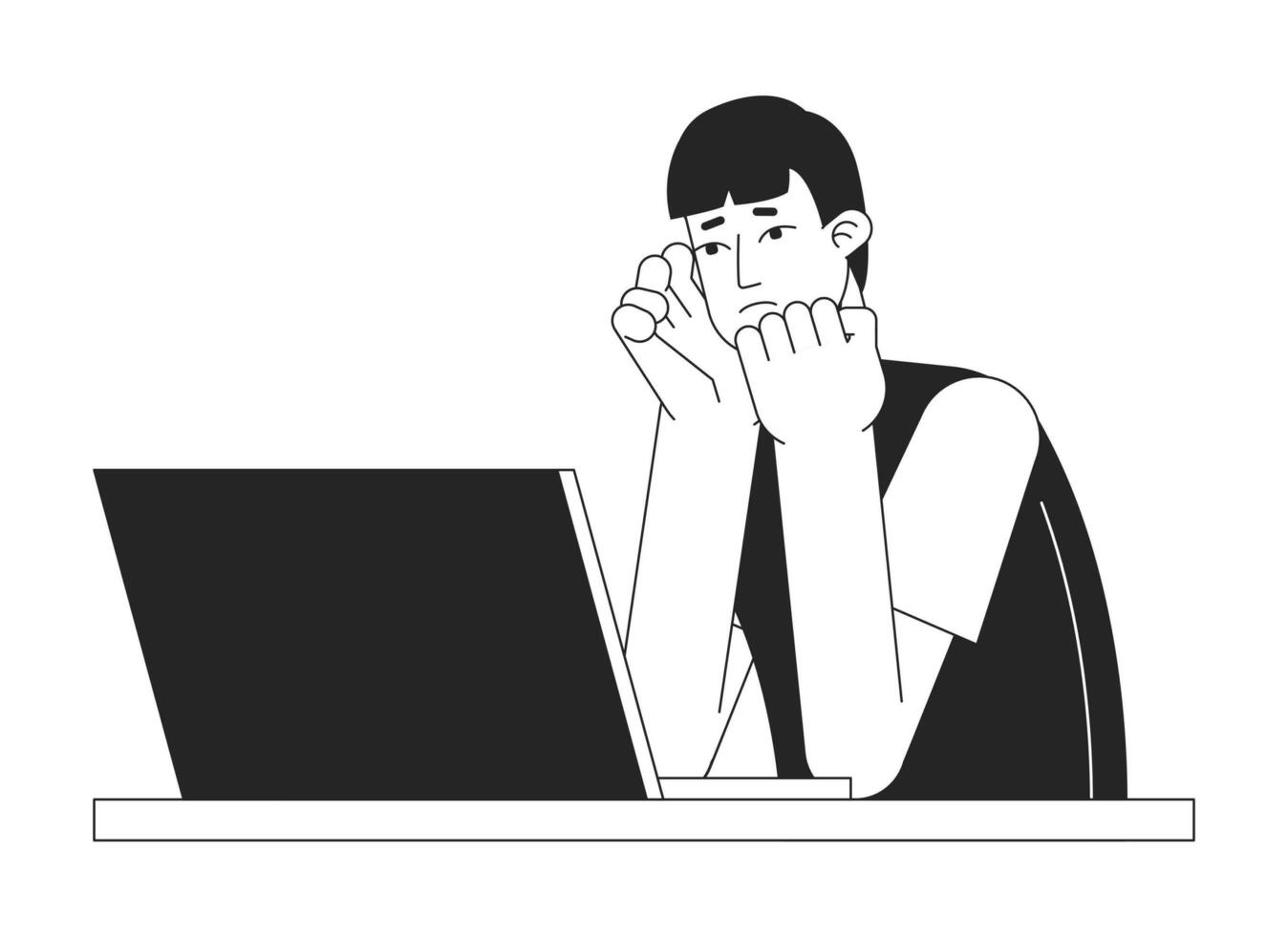 Frustrated man with laptop bw vector spot illustration. Asian young student worry 2D cartoon flat line monochromatic character for web UI design. Pc problem editable isolated outline hero image