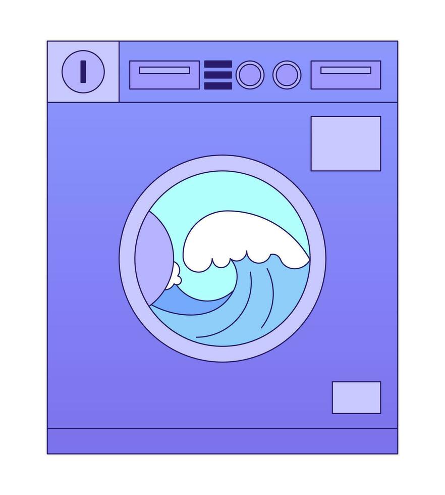 Coin operated washing machine with ocean waves flat vector cartoon icon. Editorial, magazine spot illustration. Colorful object isolated on white. Editable 2D simple drawing, graphic design