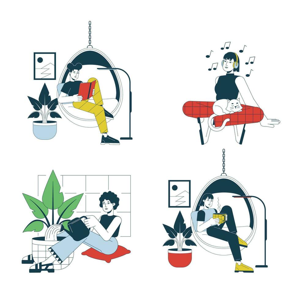 Leisure activities at home flat line vector spot illustration set. Rest women 2D cartoon outline characters on white for web UI design. Relaxing alone editable isolated colorful hero image pack