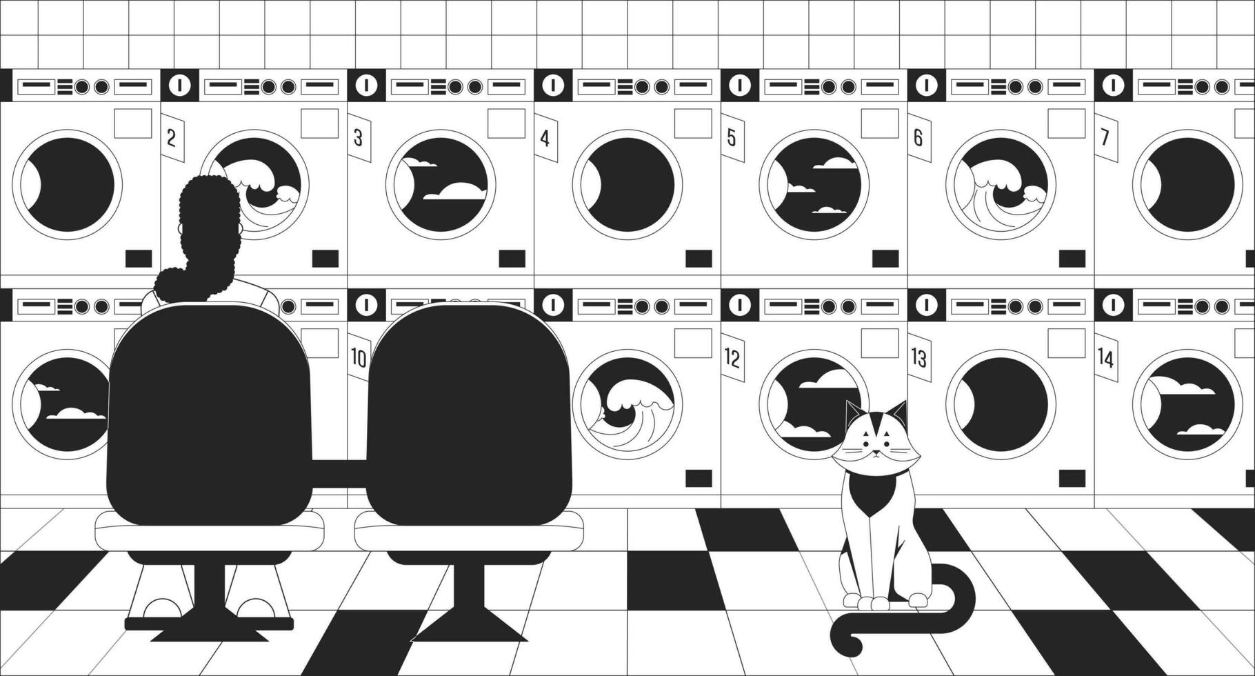 Waiting for laundry black and white lo fi chill wallpaper. Housework laundromat. Woman in launderette 2D vector cartoon character illustration, minimalism background. 80s retro album art, line art