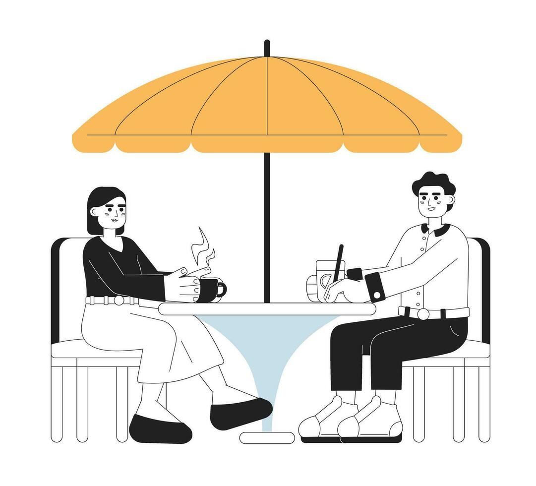 Going out with friends concept hero image. People on lunchtime, coffee break 2D cartoon outline characters on white background. Hangout isolated black white illustration. Vector art for web design ui