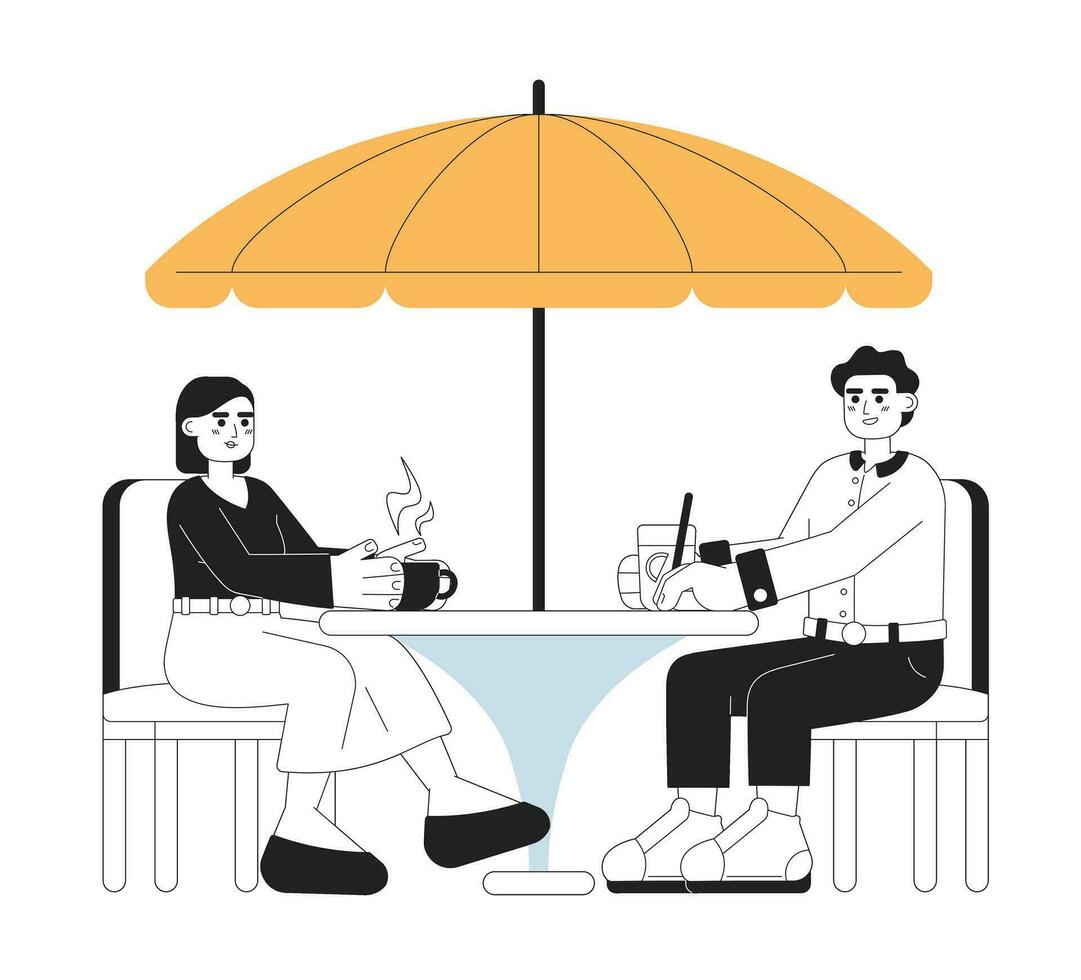 yendo fuera con amigos concepto héroe imagen. personas en hora de comer, café descanso 2d dibujos animados contorno caracteres en blanco antecedentes. colgar aislado negro blanco ilustración. vector Arte para web diseño ui