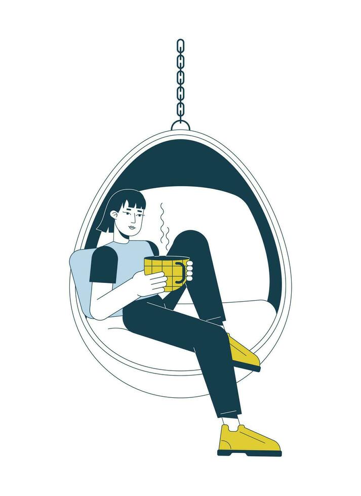 Asian woman with coffee mug in hanging chair flat line color vector character. Editable outline full body person on white. Drinking green tea simple cartoon spot illustration for web graphic design