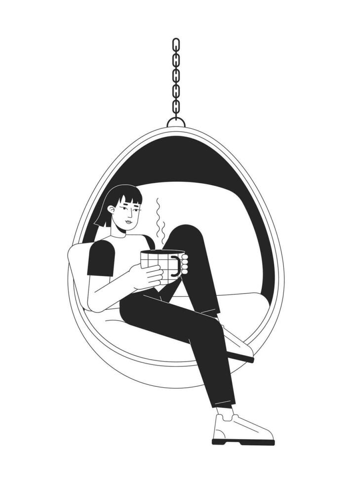 Asian woman with coffee mug in hanging chair flat line black white vector character. Editable outline full body person. Drinking tea simple cartoon isolated spot illustration for web graphic design