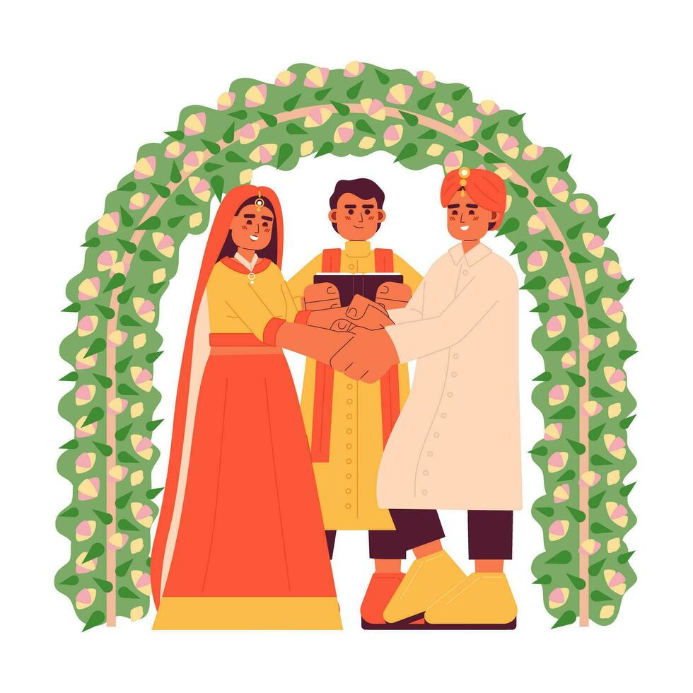 Indian wedding ceremony flat concept vector spot illustration. Bride groom. Hindu couple 2D cartoon characters on white for web UI design. Arranged marriage isolated editable creative hero image