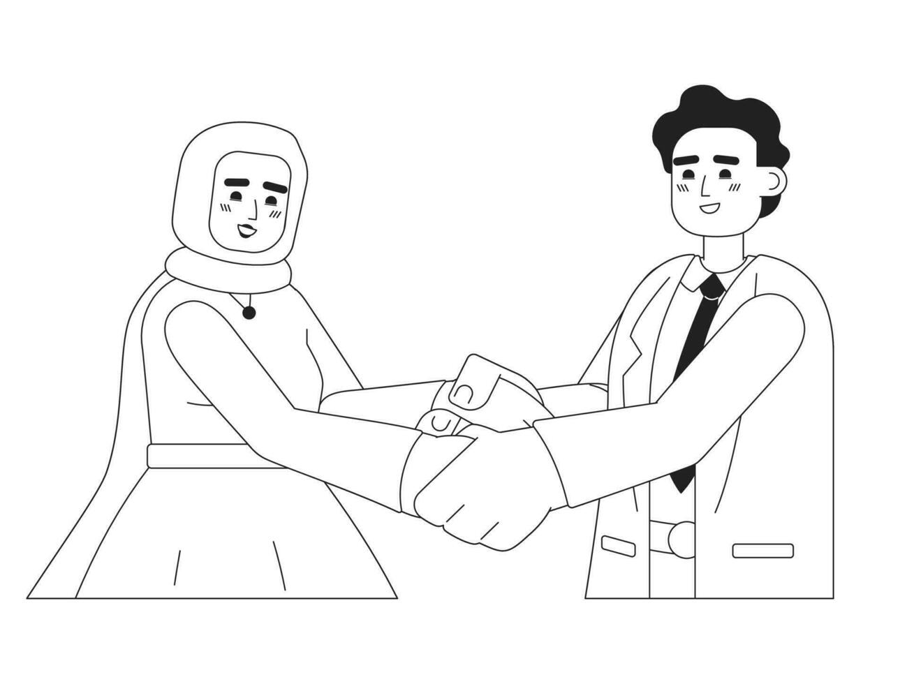 Muslim wedding couple holding hands monochromatic flat vector characters. Bridal hijab woman, bridegroom. Editable line half body people on white. Simple bw cartoon spot image for web graphic design