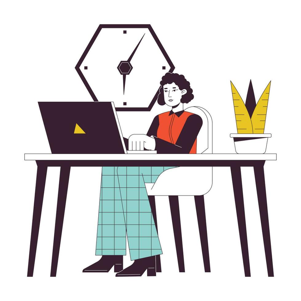 Office worker sitting at desk flat line concept vector spot illustration. Office woman at workplace 2D cartoon outline character on white for web UI design. Editable isolated colorful hero image