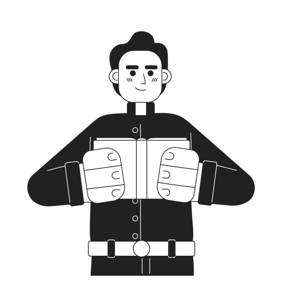 Catholic pastor holding bible monochromatic flat vector character. Young priest. Wedding minister. Editable thin line full body person on white. Simple bw cartoon spot image for web graphic design