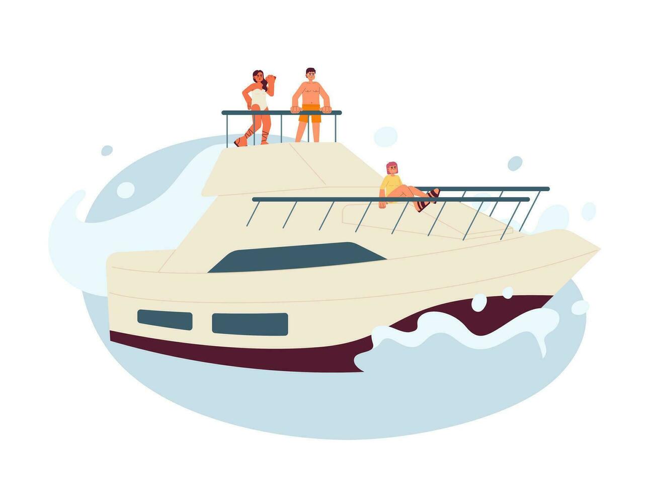 Yacht party flat vector spot illustration. Friends in swimwear luxury yachting 2D cartoon characters on white for web UI design. Summertime. Sailboat in ocean isolated editable creative hero image