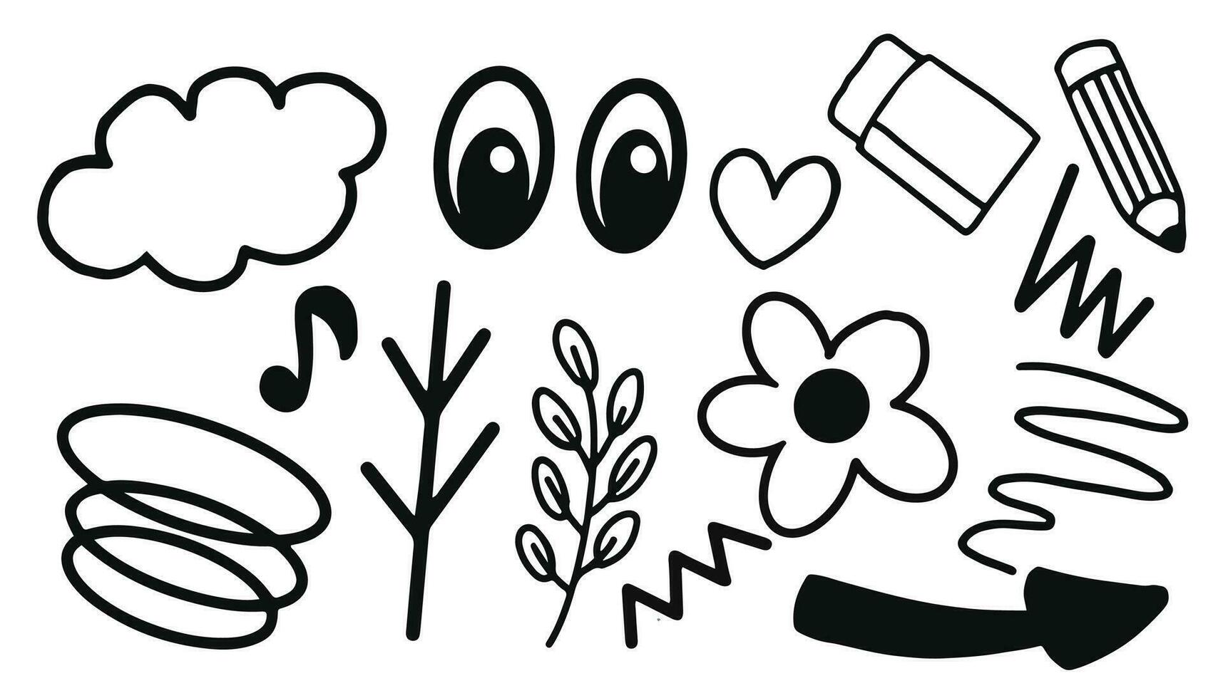 Set of doodle hand drawn. Elements of star, bee, cloud, sun, eye, word, flower etc. Vector illustration isolated on white background