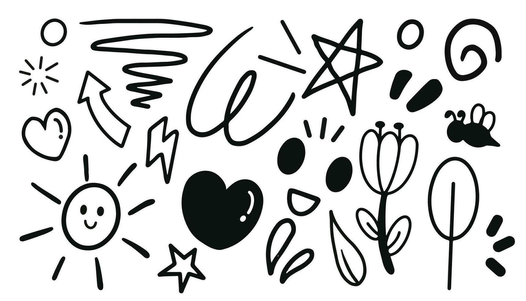 Set of doodle hand drawn. Elements of star, bee, cloud, sun, eye, word, flower etc. Vector illustration isolated on white background