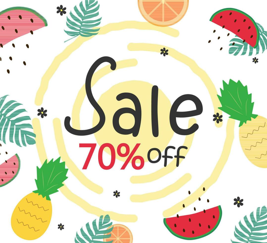 Summer sale design template. pattern with fruits and tropical leafs elements in flat style background, vector
