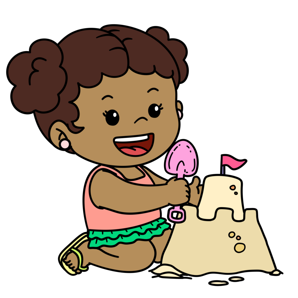 Cute Cartoon Kid Building Sandcastle Summer Activity Little Girl png