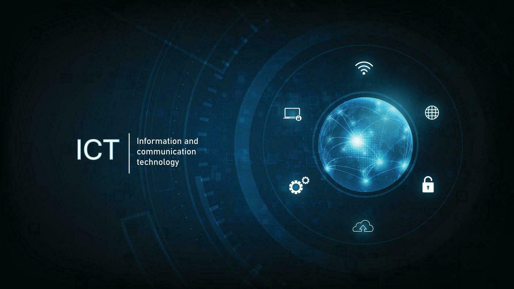 Information and communication technology ICT concept. Information and communication technology on dark blue background. Wireless communication network. Intelligent system automation. vector
