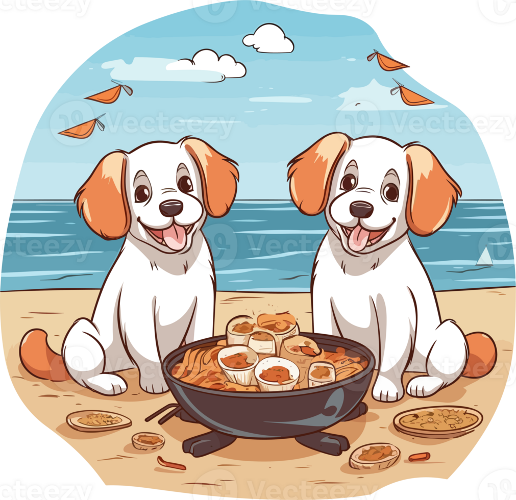 tekenfilm gelukkig puppy's zijn grillen vlees Aan de strand , t-shirt ontwerp , illustratie, ai generatief png