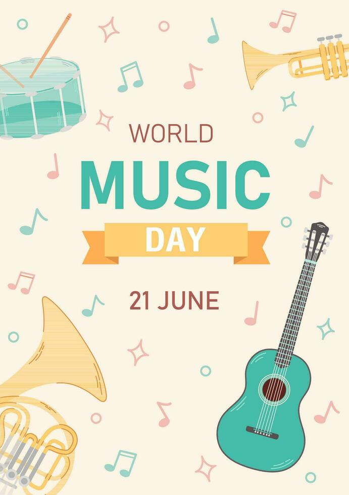 Poster for the celebration of world music day. Vertical template with musical instruments and notes. Colored flat illustration. vector
