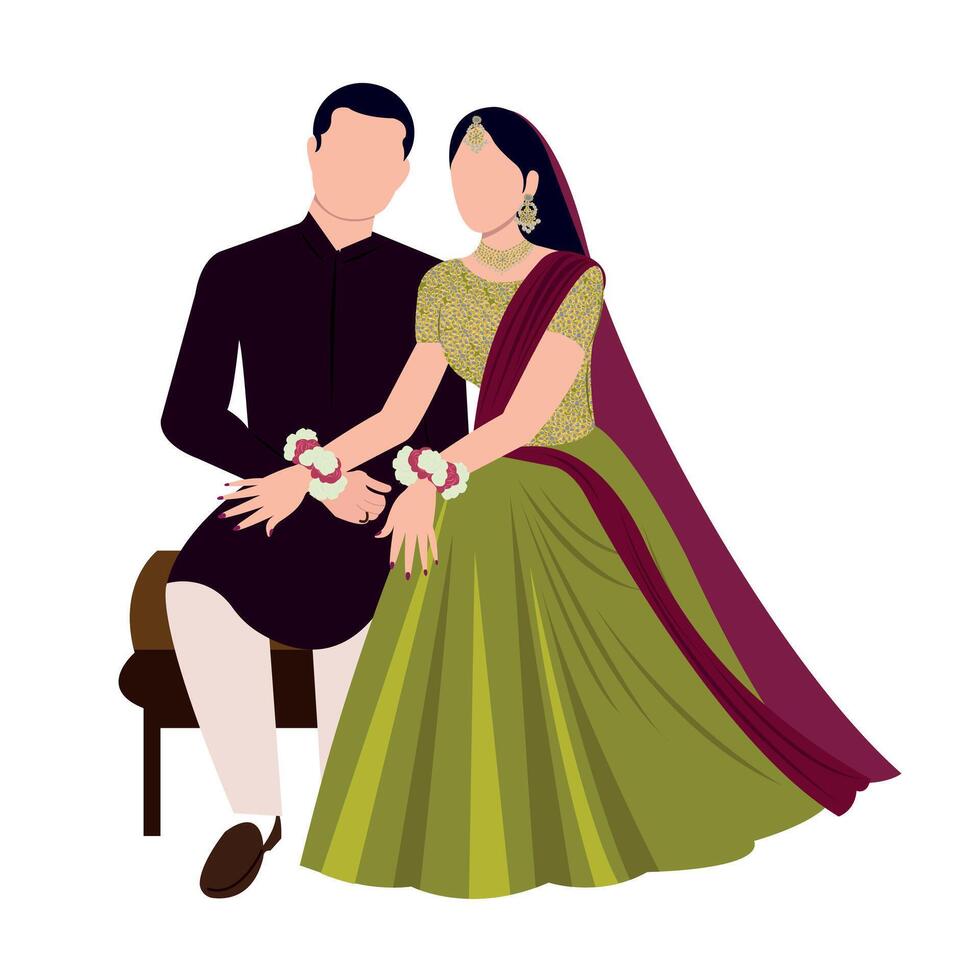 Vector vector cute indian couple cartoon in traditional dress posing for wedding invitation card design