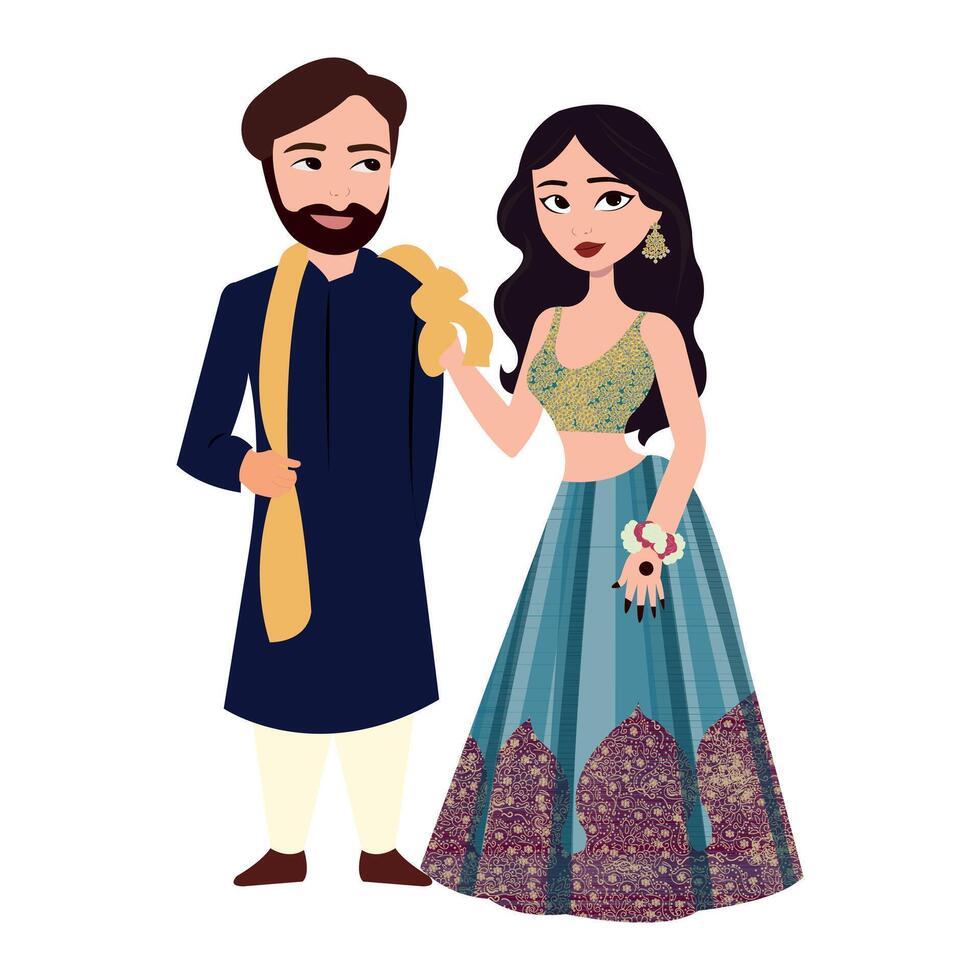 Vector vector cute indian couple cartoon in traditional dress posing for wedding invitation card design