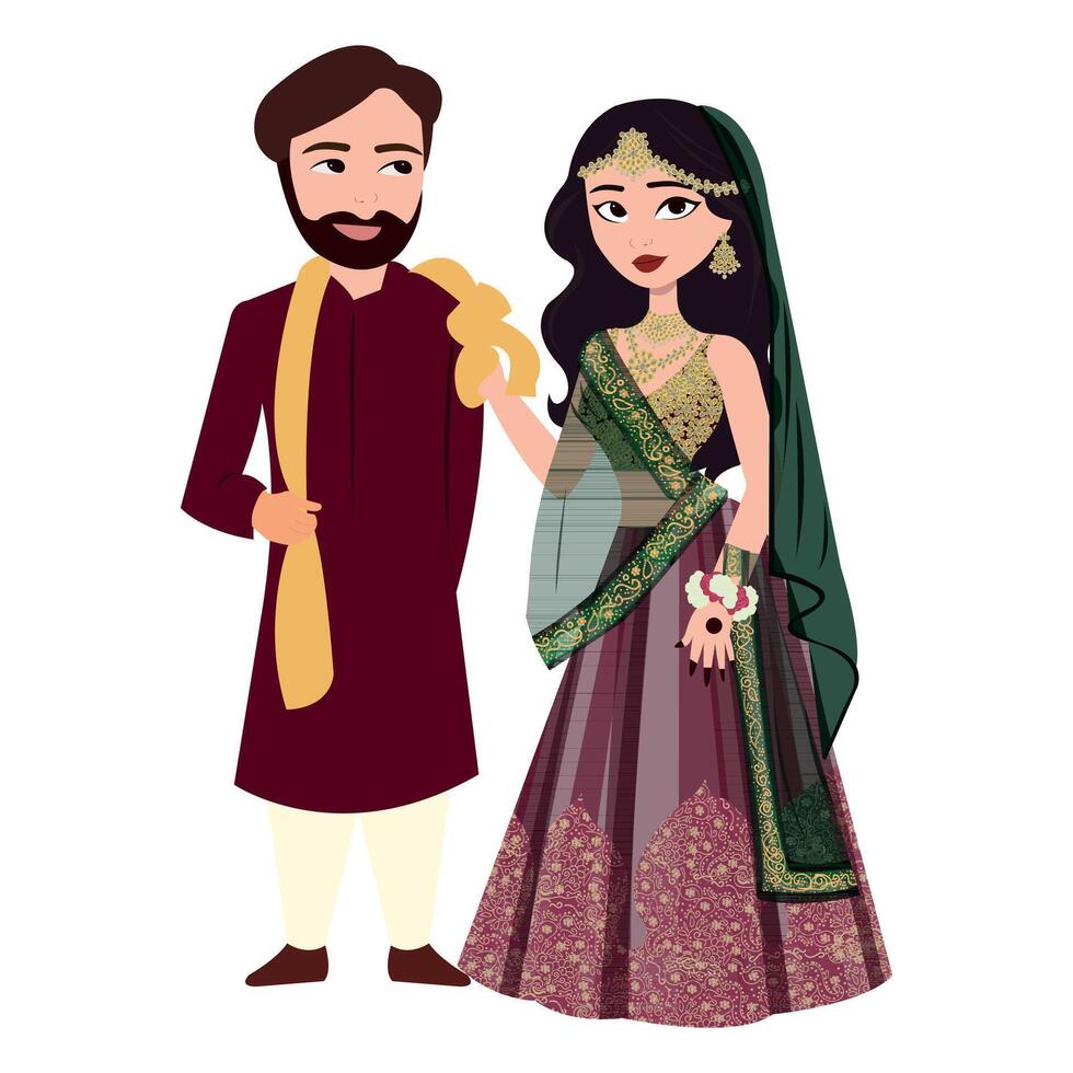 Vector vector cute indian couple cartoon in traditional dress posing for wedding invitation card design