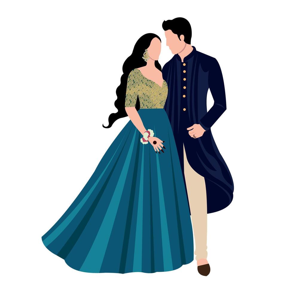 Vector vector cute indian couple cartoon in traditional dress posing for wedding invitation card design