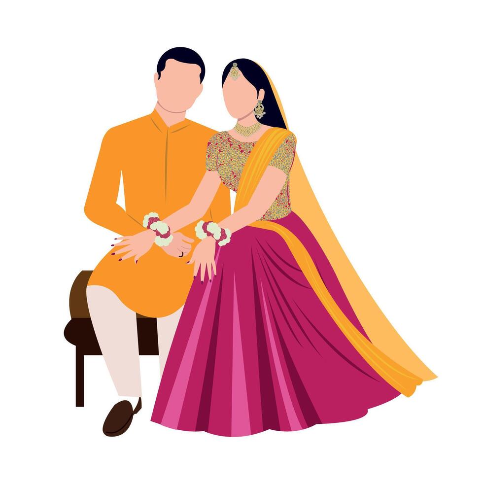 Vector vector cute indian couple cartoon in traditional dress posing for wedding invitation card design