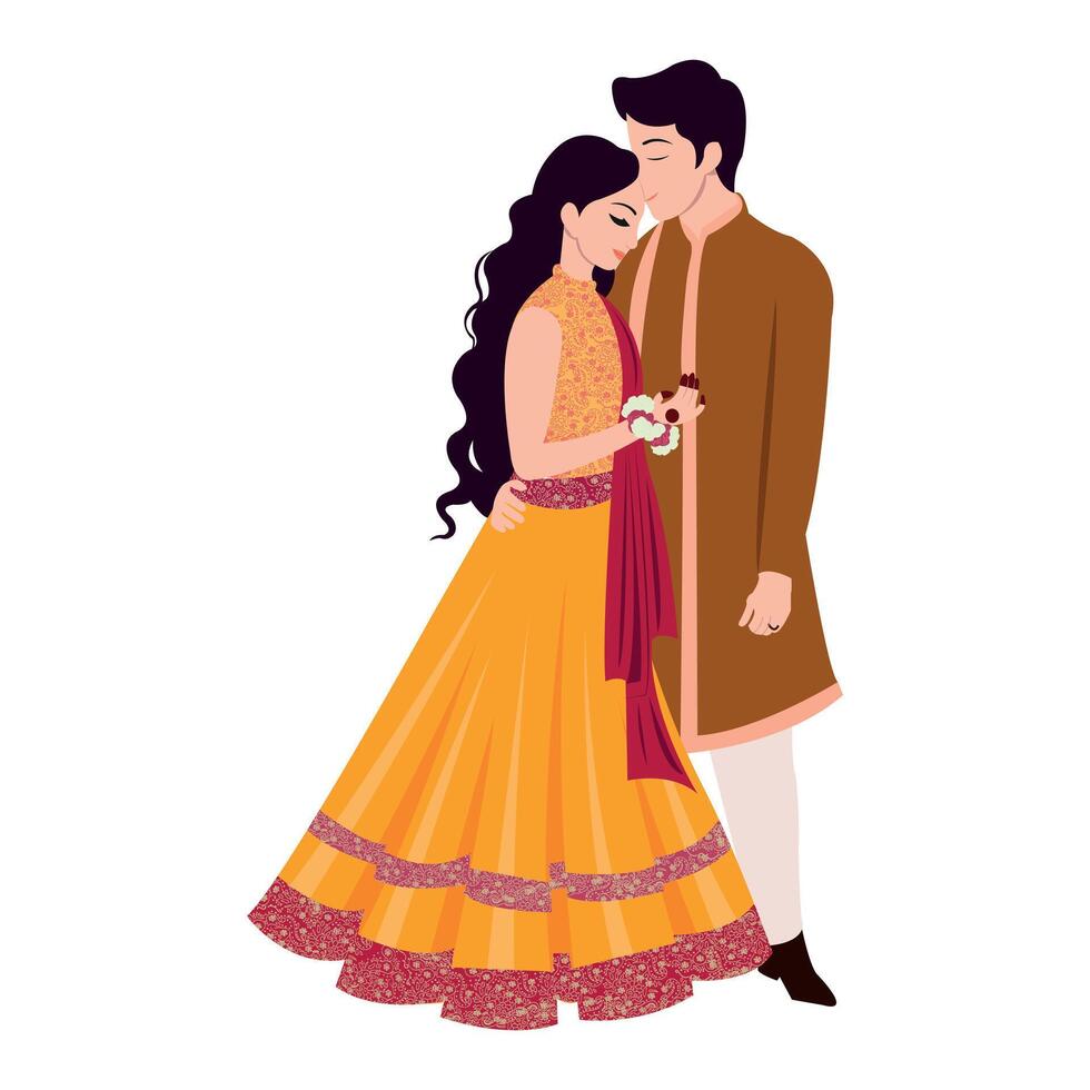 Vector vector cute indian couple cartoon in traditional dress posing for wedding invitation card design