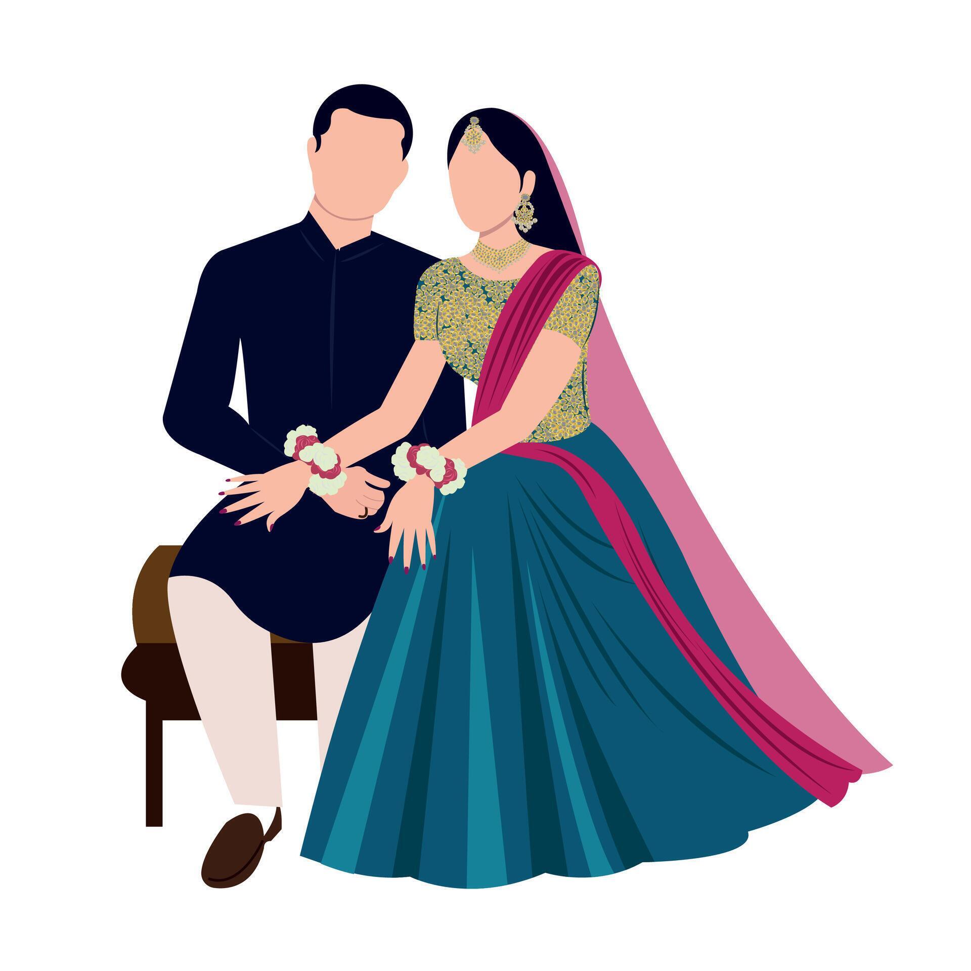 Vector Vector Cute Indian Couple Cartoon In Traditional Dress Posing For Wedding Invitation Card