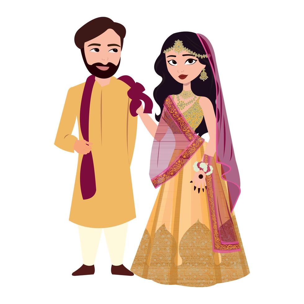 Vector vector cute indian couple cartoon in traditional dress posing for wedding invitation card design