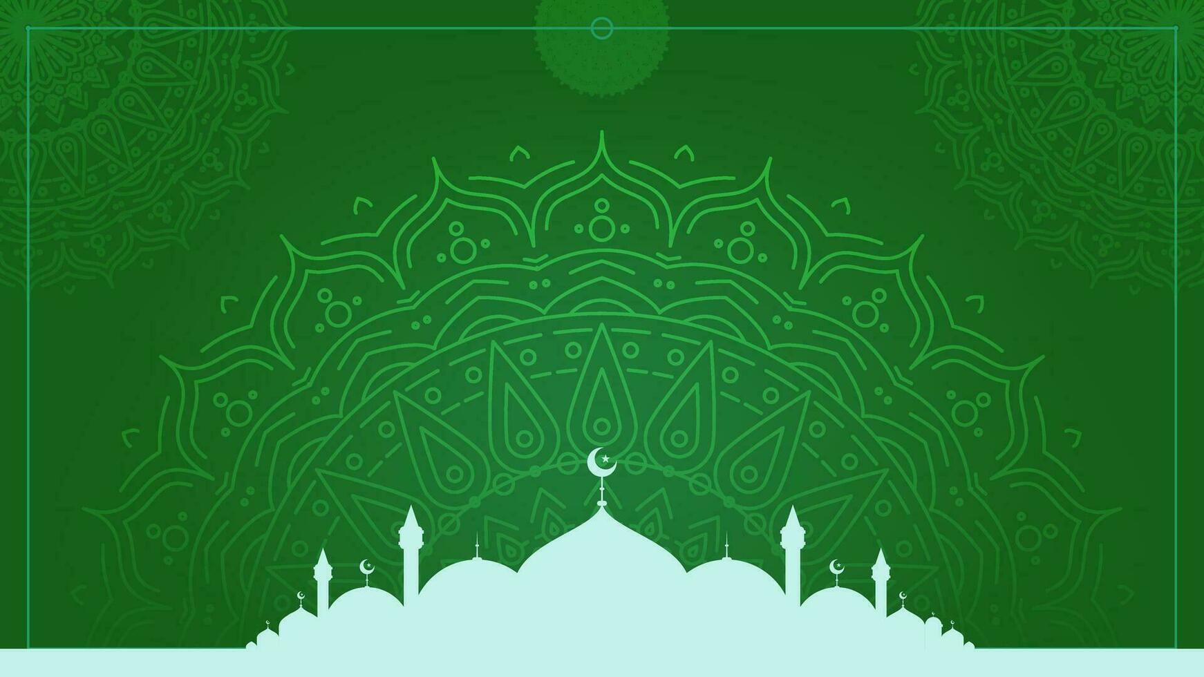 Simple green Islamic background design with mosque silhouette and mandala ornaments vector