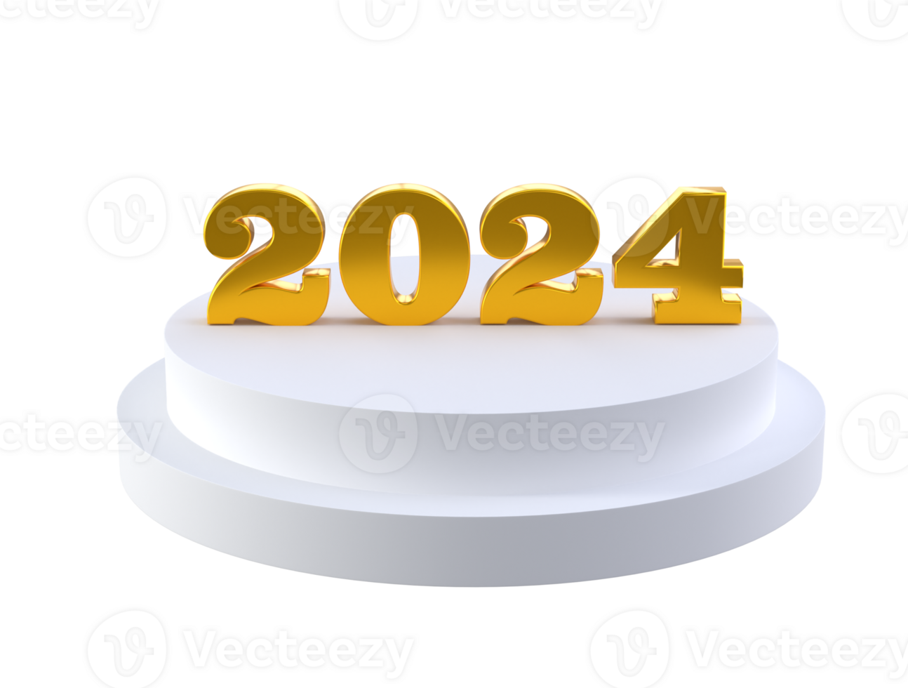 Happy New Year 2024 with shiny 3D golden numbers on white podium isolated transparent png. Holiday gold celebration design. Premium element for posters, banners, calendar and greeting card png