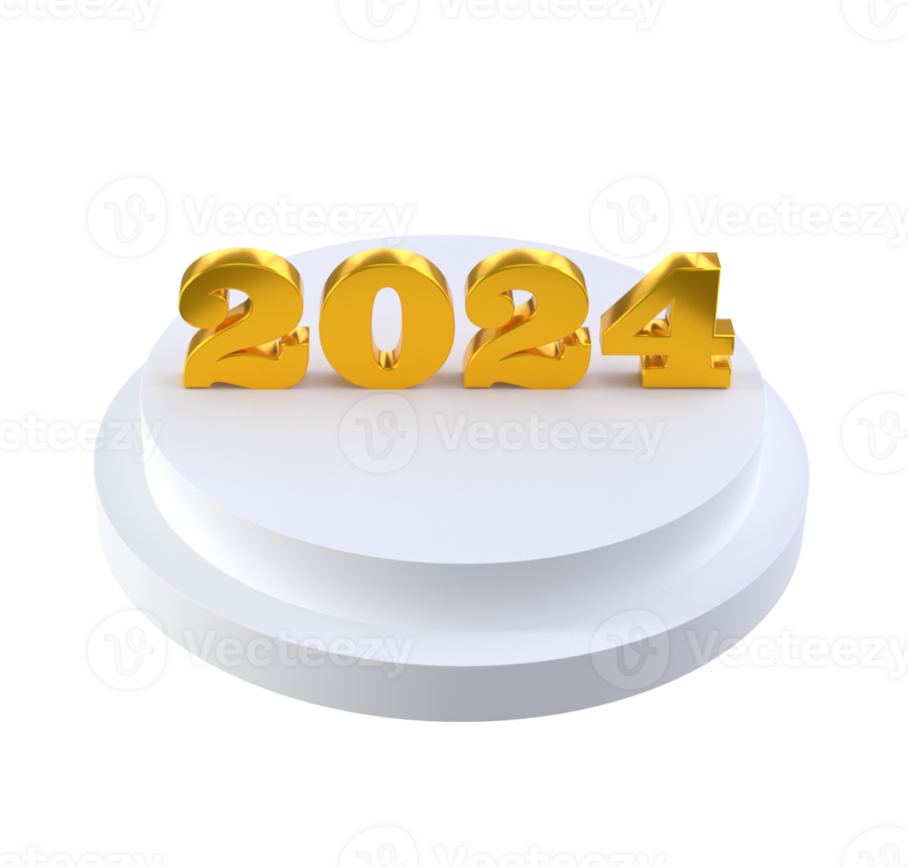 Happy New Year 2024 with shiny 3D golden numbers on white podium isolated transparent png. Holiday gold celebration design. Premium element for posters, banners, calendar and greeting card png