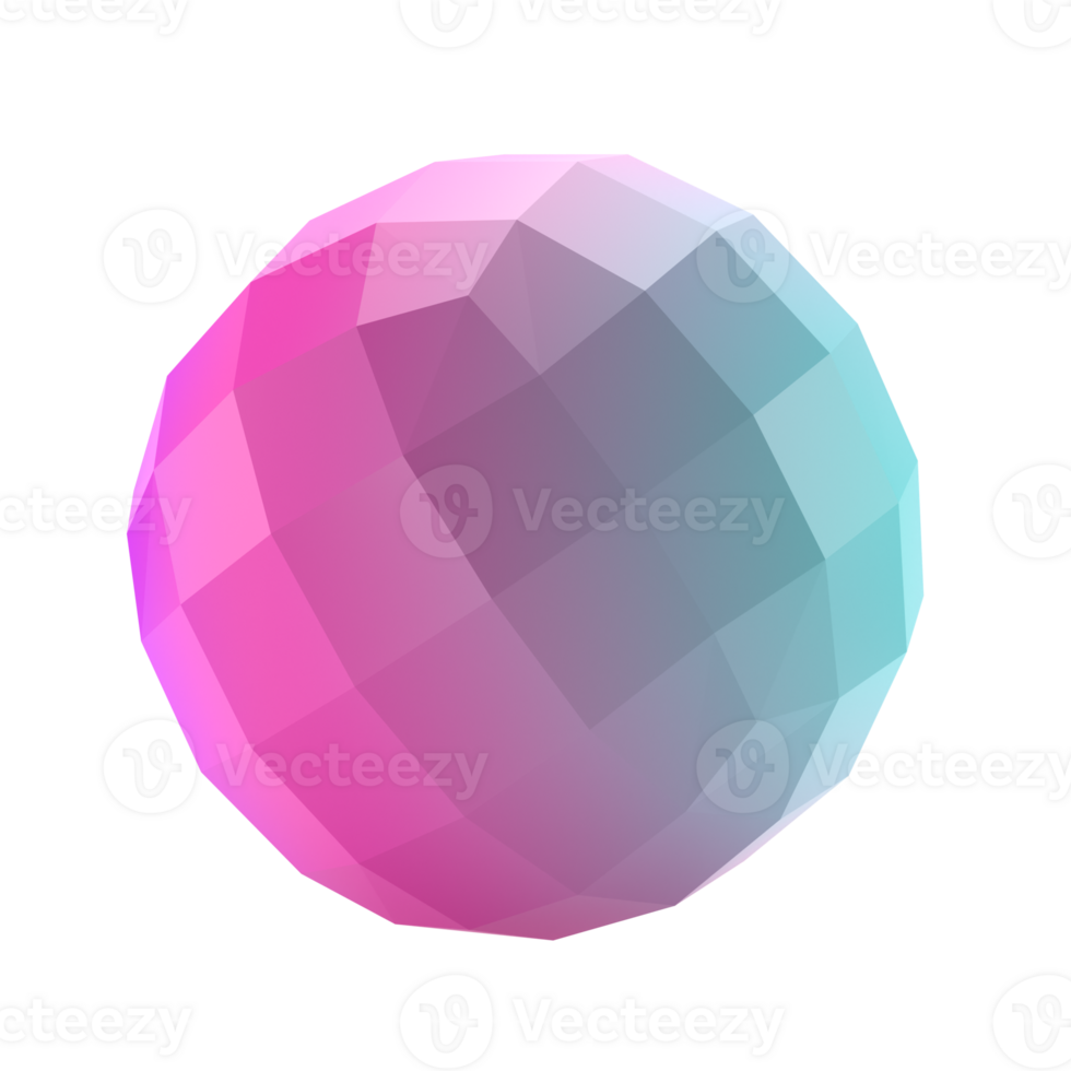 3d polygon ball metal geometric shape. Realistic glossy turquoise and lilac gradient luxury template decorative design illustration. Minimalist bright circle volumed mockup isolated transparent png