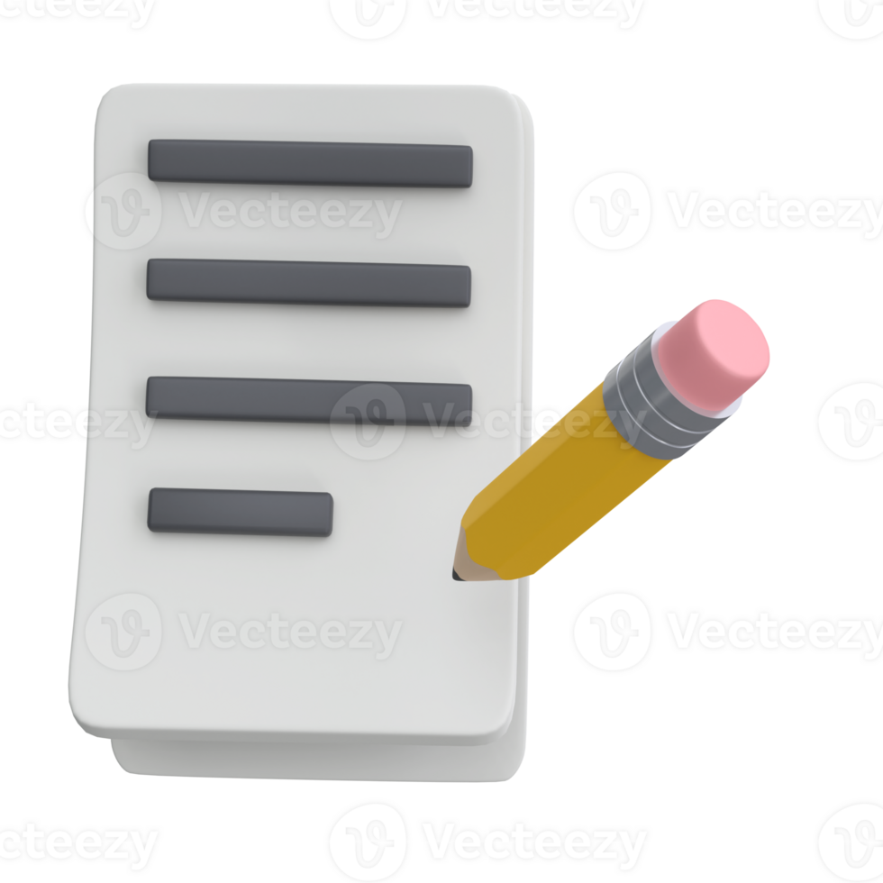3d white sheet of paper document with strokes and with pencil logo icon. Management efficient work on project plan concept, work solution render illustration. isolated transparent png