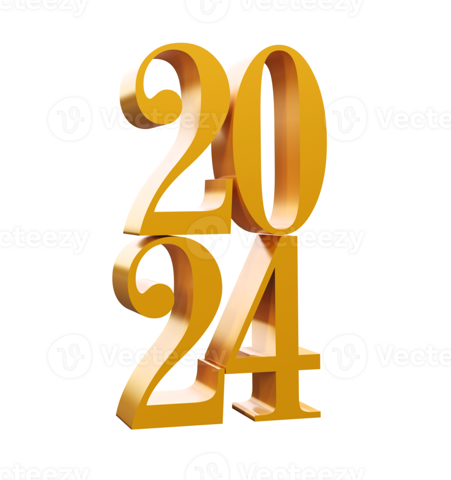 Happy New Year 2024 with shiny 3D golden numbers isolated transparent png. Holiday gold celebration design. Premium element for posters, banners, calendar and greeting card png