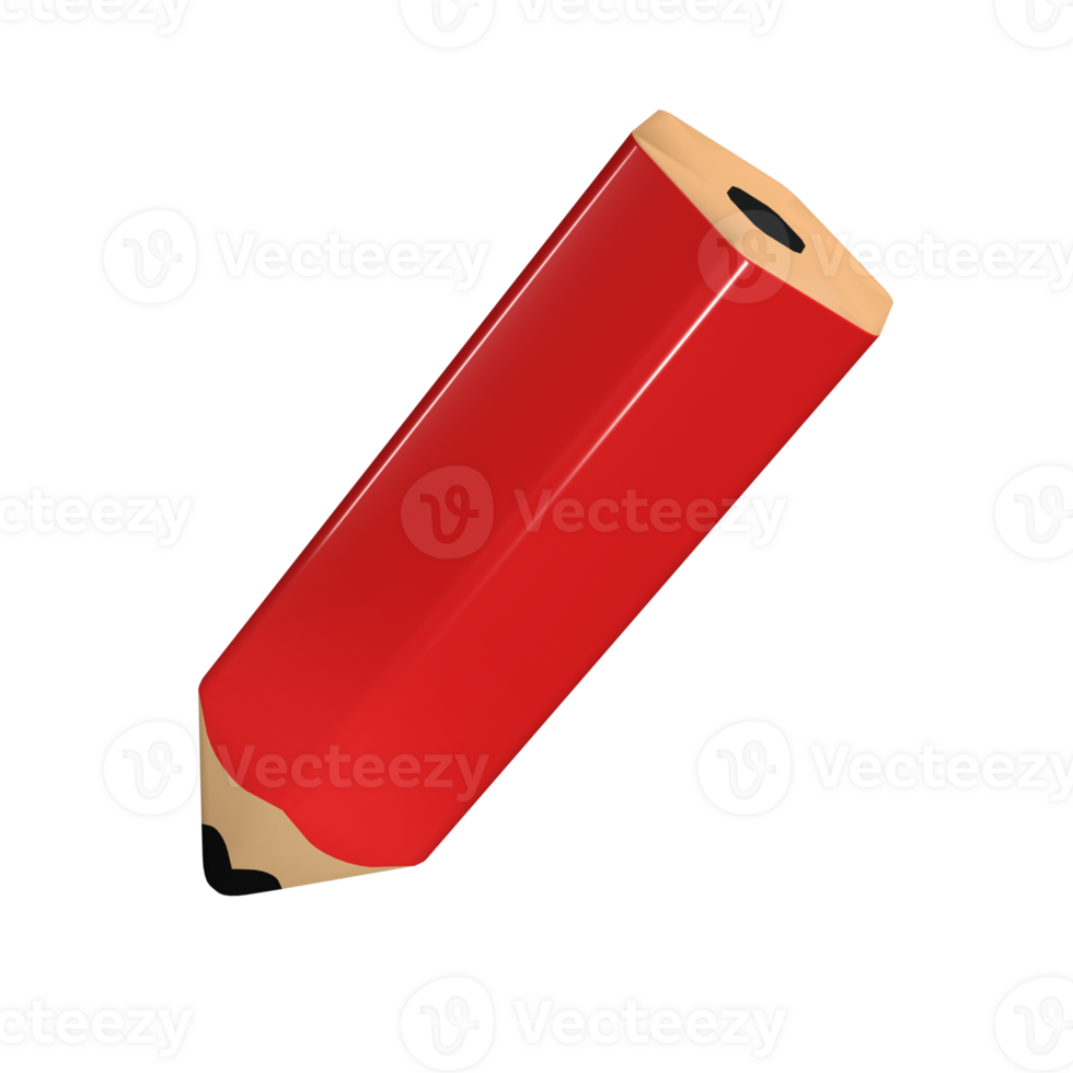 Realistic red pencil 3d icon render. Colored drawing and painting tool for education and studies. Office supplies, stationery element. School, university or college design isolated transparent png