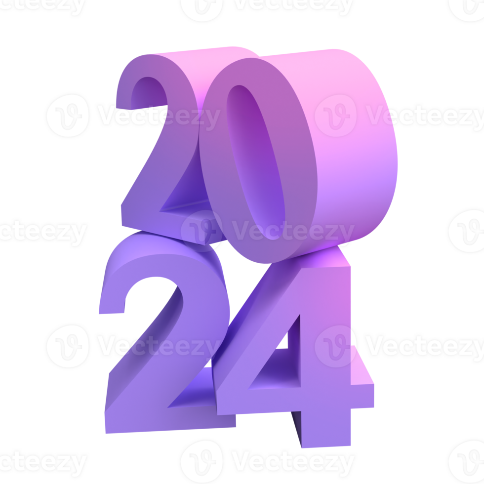 Happy New Year Christmas 2024 with shiny 3D lilac numbers isolated transparent png. Holiday celebration design. Premium element for posters, banners, calendar and greeting card png