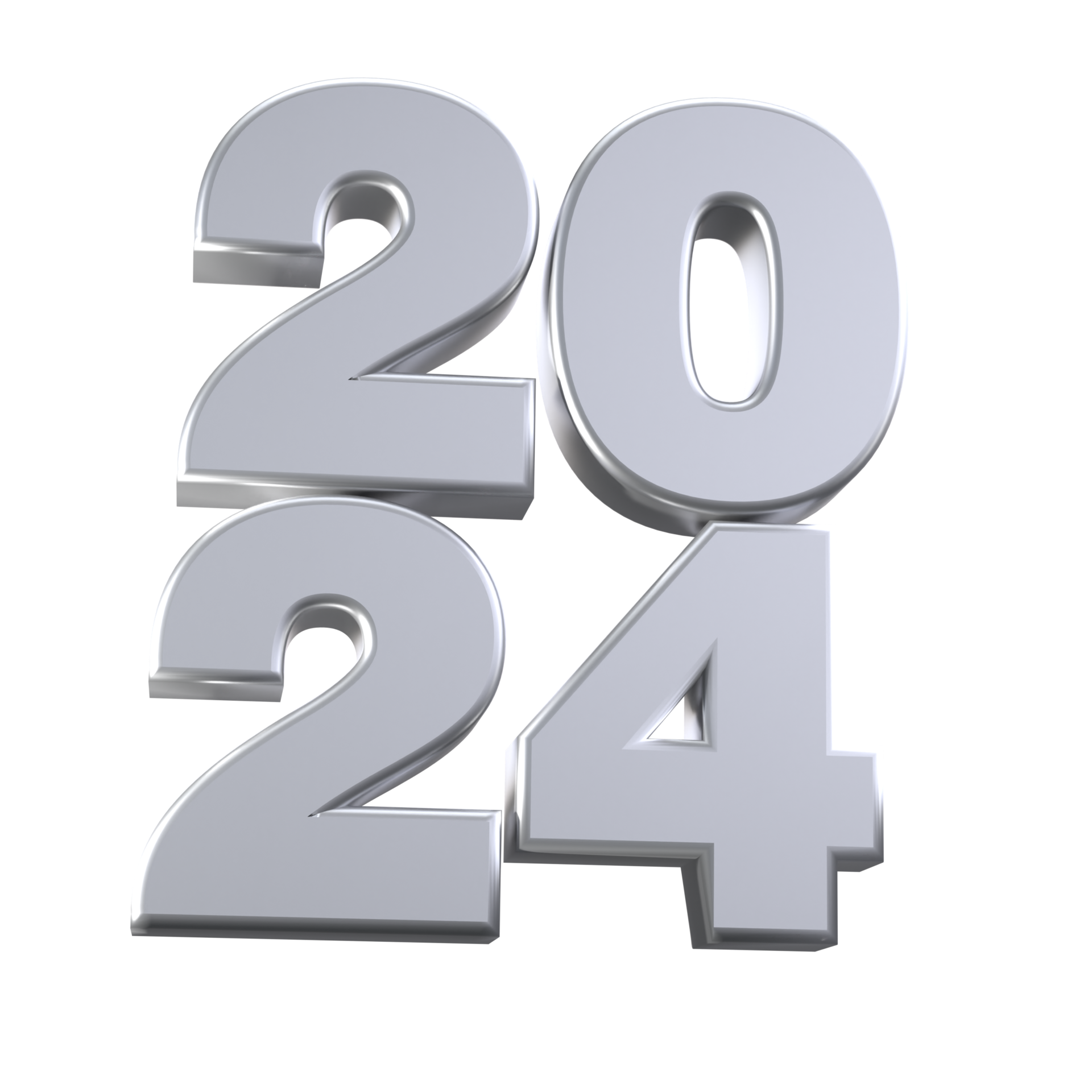 Realistic 3D silver numbers 2024 isolated transparent png. Happy New