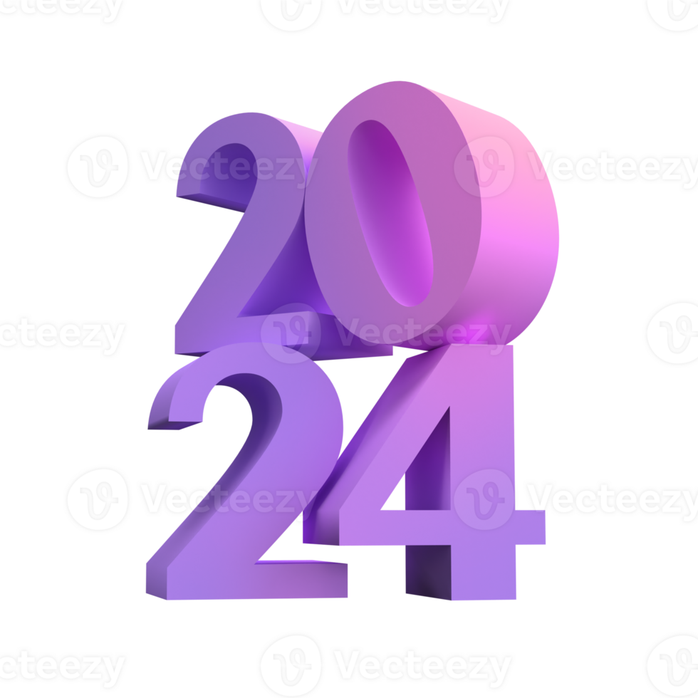 Happy New Year Christmas 2024 with shiny 3D lilac numbers isolated transparent png. Holiday celebration design. Premium element for posters, banners, calendar and greeting card png