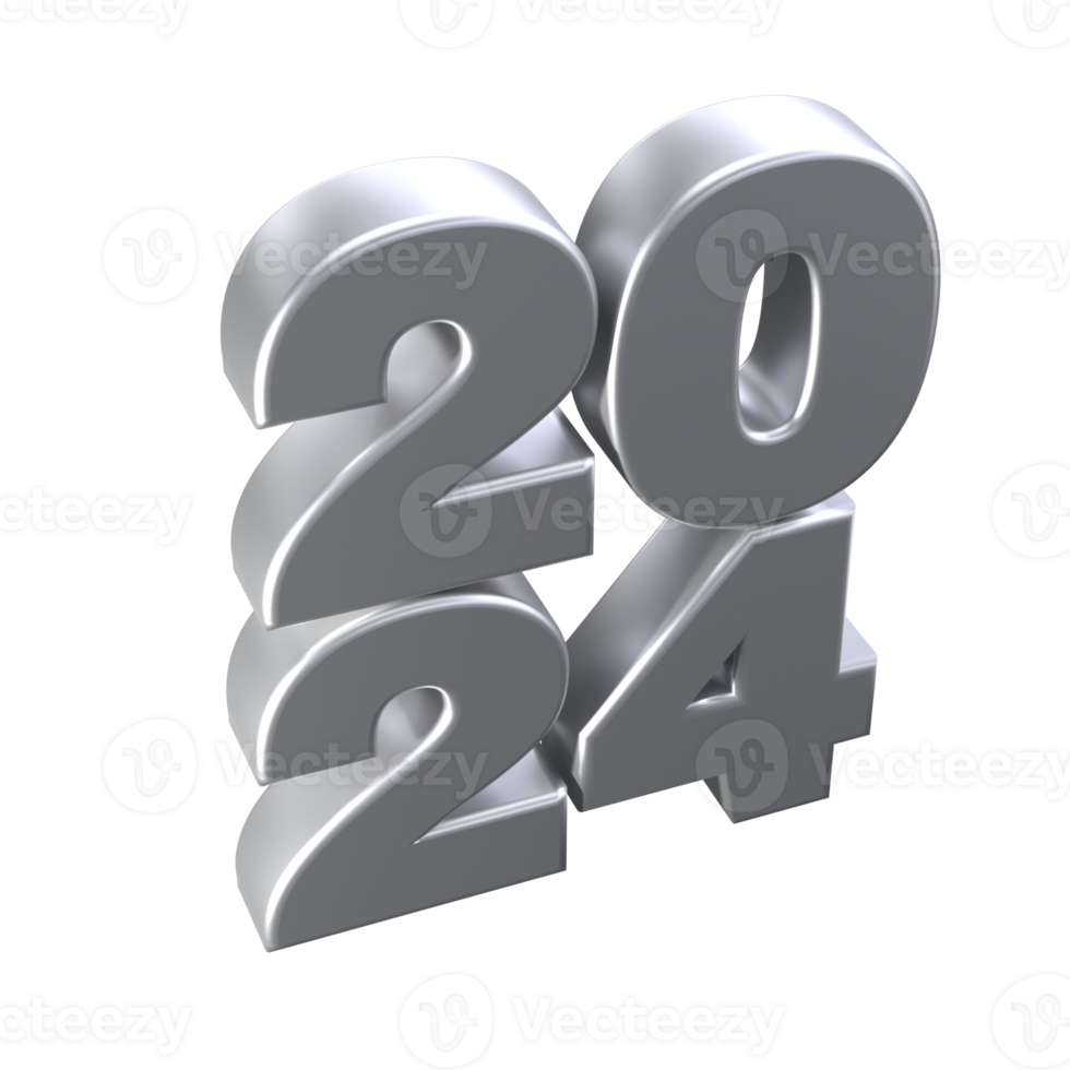 Realistic 3D silver numbers 2024 isolated transparent png. Happy New Year and Merry Christmas holidays greeting card concept for web, print design element png
