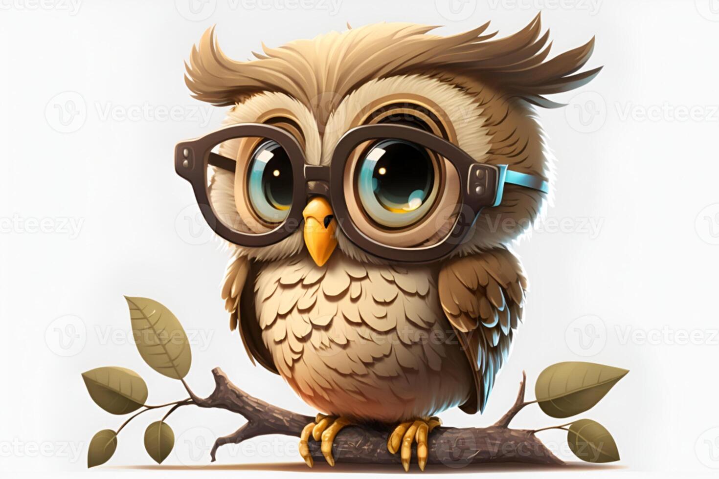 closeup portrait of cartoon pixar 3d owl sitting on the branchowl photo