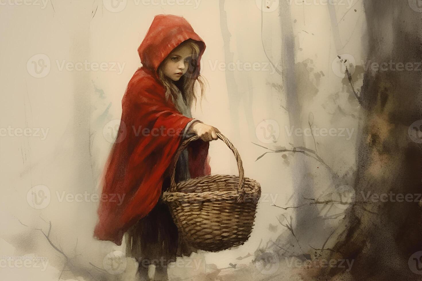 picture of little red riding hood, fairytale personage walking in the forest with basket in her hand photo