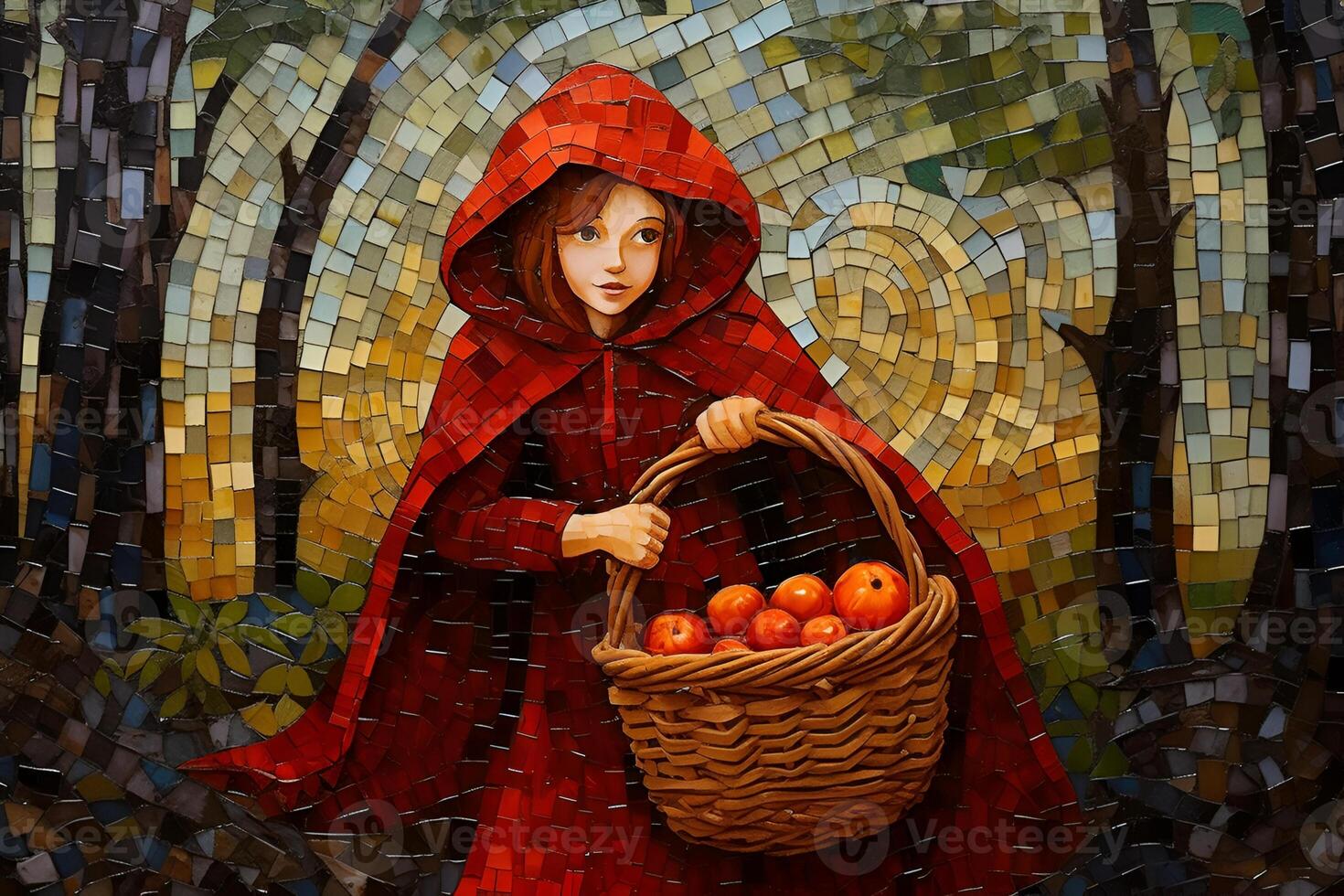 picture of little red riding hood, fairytale personage walking in the forest with basket in her hand photo