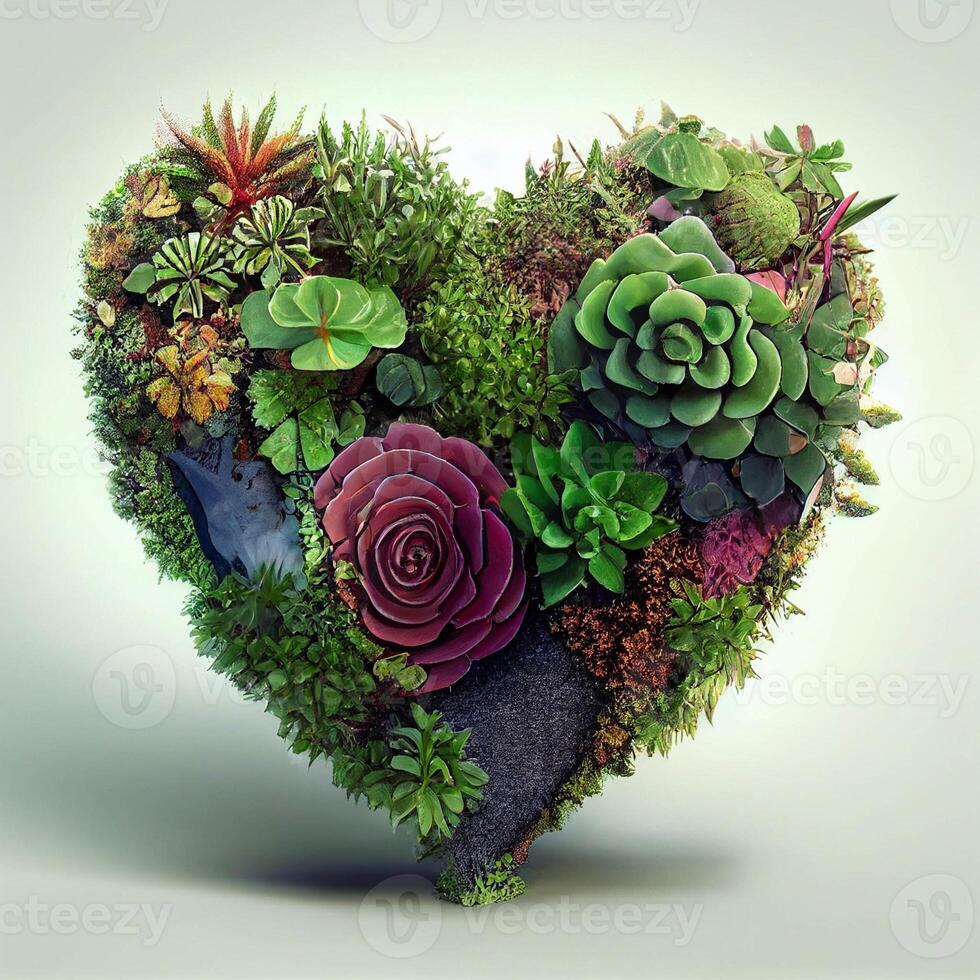 corazón conformado arreglo de suculentas y plantas. generativo ai. foto