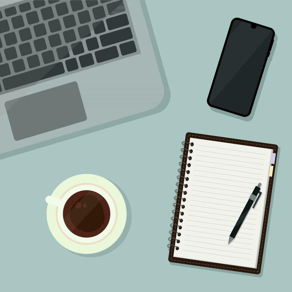 Workspace with coffee cup, laptop, pen, notebook and phone. vector