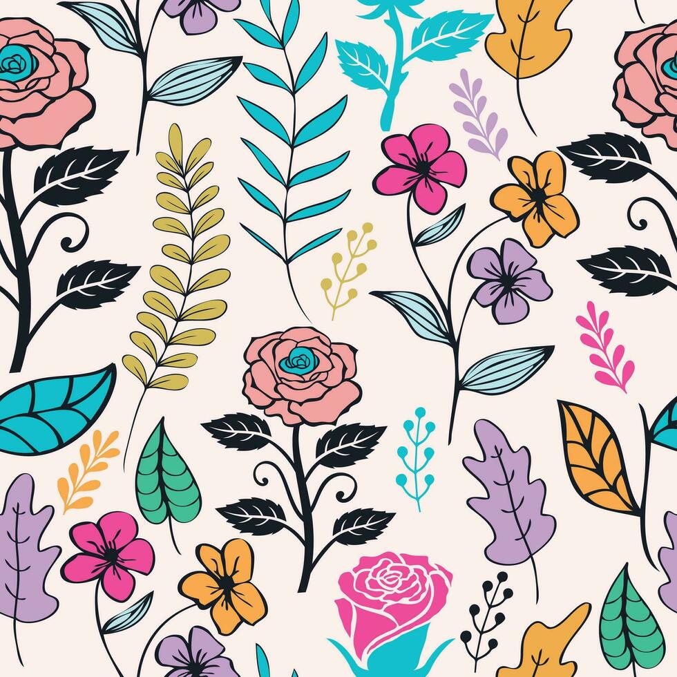 Floral seamless pattern with colorful flowers and leaves on white background vector