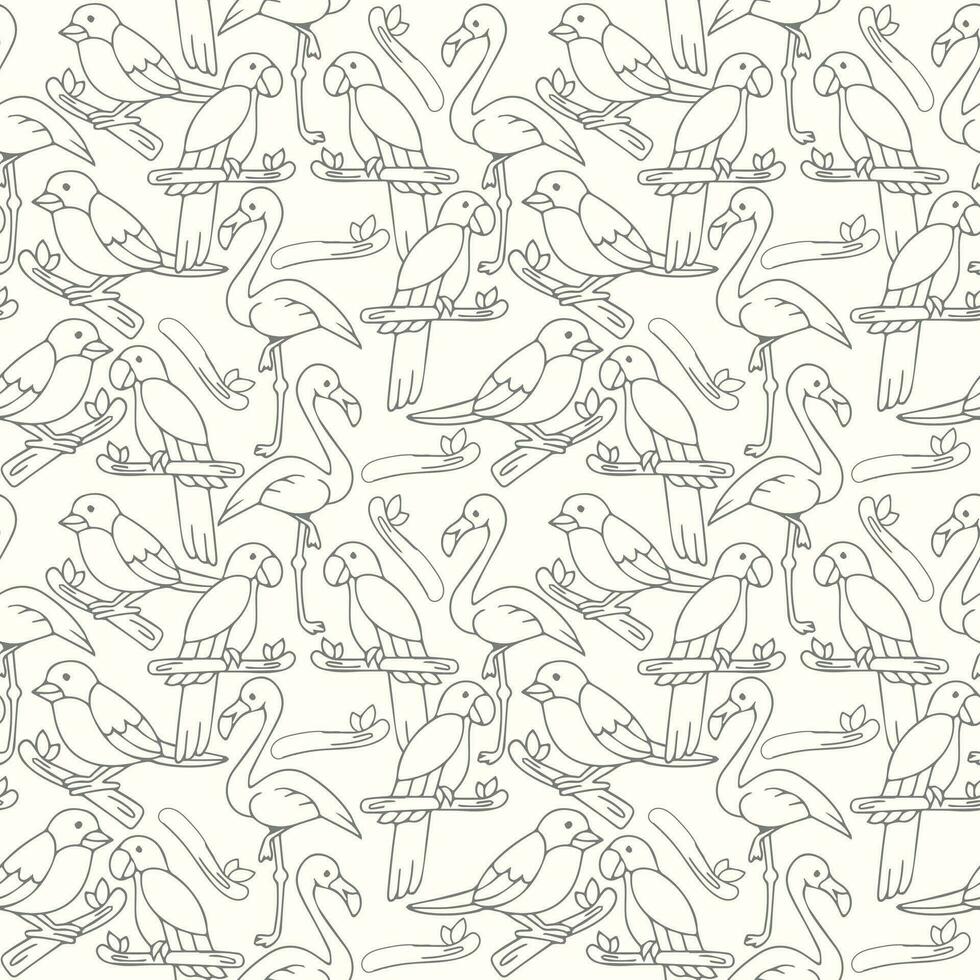 Birds' seamless pattern with outline elements of flamingo, nightingale, and parrot on a white background vector