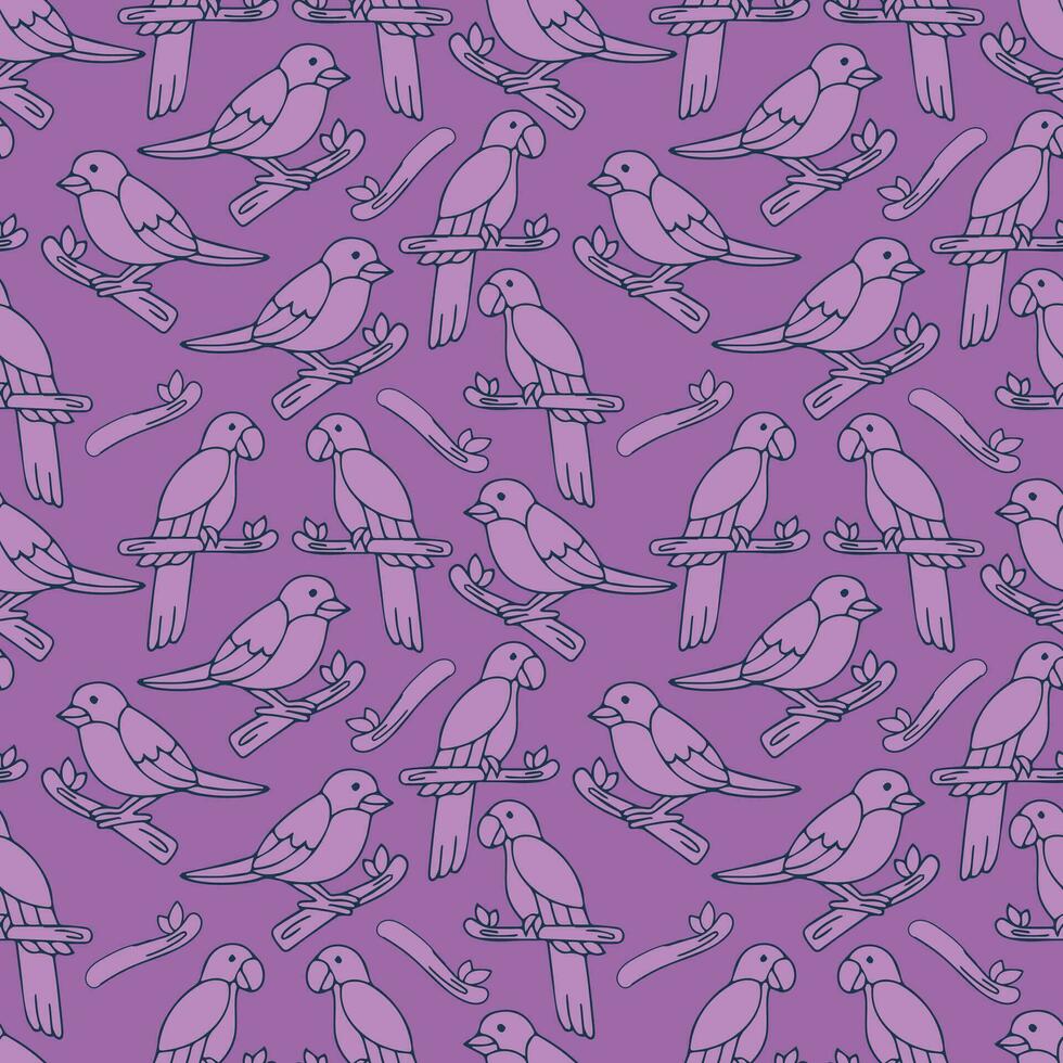 aves' sin costura modelo presentando loros y ruiseñores en un púrpura antecedentes vector