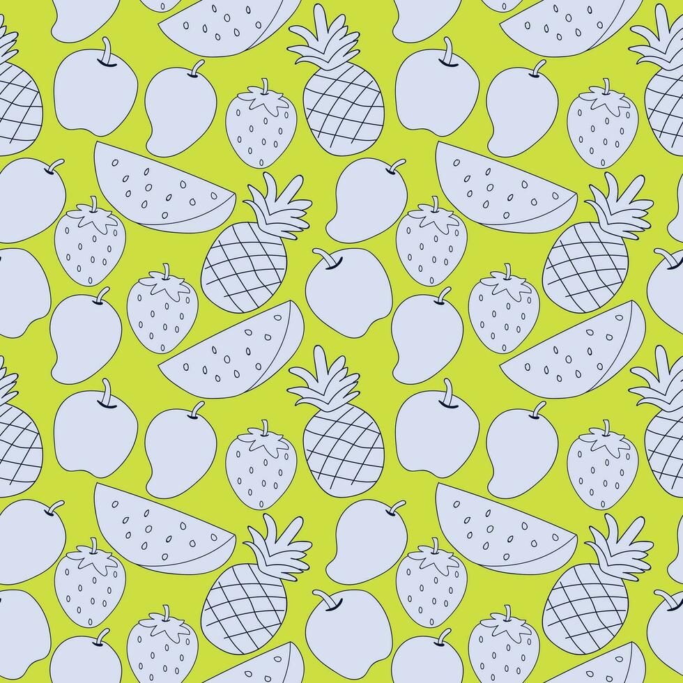 Fruit seamless pattern with white fruity elements like apple, watermelon, strawberry, and pineapple on a green background vector