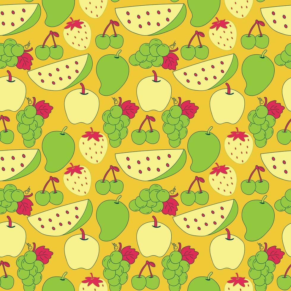 vistoso Fruta sin costura modelo con amarillo, verde, y rosado frutas incluye uva, cereza, sandía, y fresa en un amarillo antecedentes vector