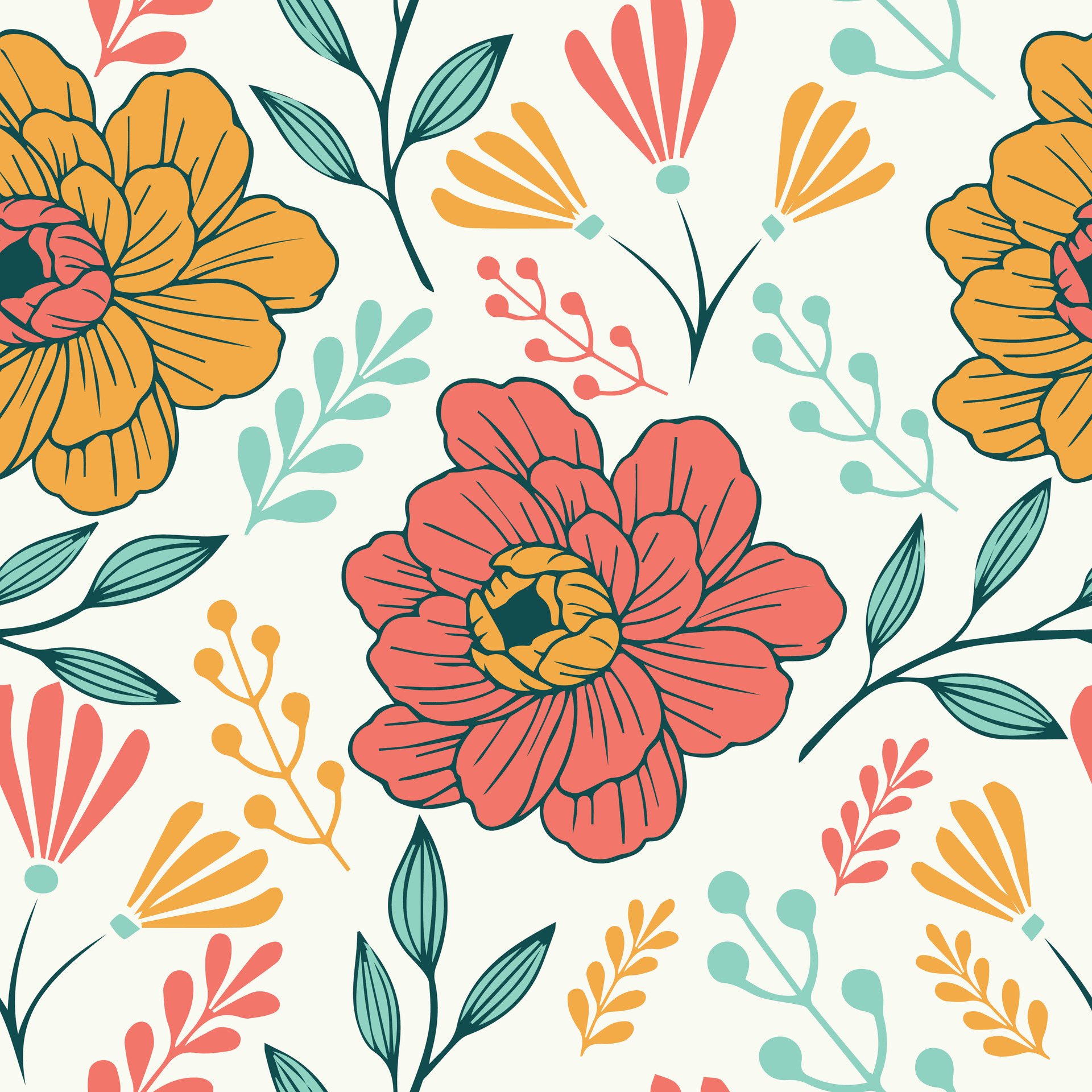 Seamless floral pattern with pink and yellow flowers and green leaves ...